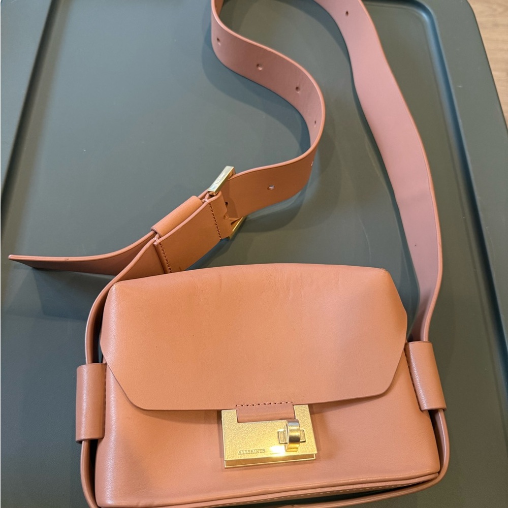 All Saints Frankie. Pink Tan Leather Crossbody Bag with Gold Hardware